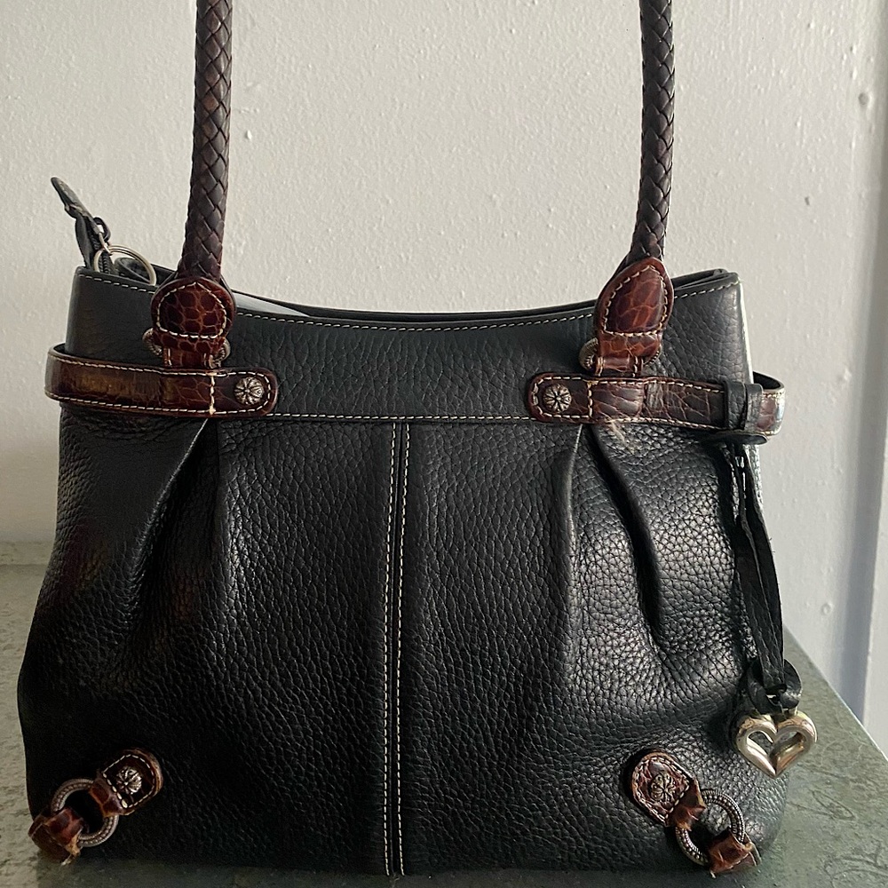 Brighton
Pebbled Coco Trim, Buckles Braided Straps Tote Black Leather Satchel